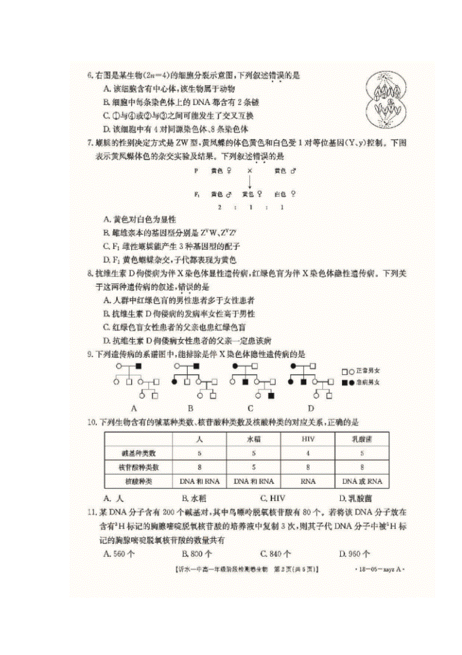 山东省沂水县第一中学2017-2018学年高一下学期阶段检测卷生物试题 扫描版含答案.doc_第2页