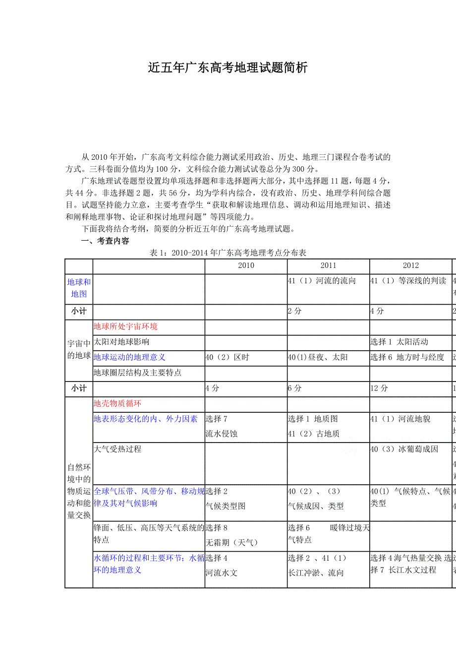 《精品》2010至2014年广东高考地理试题分析 WORD版.doc_第1页