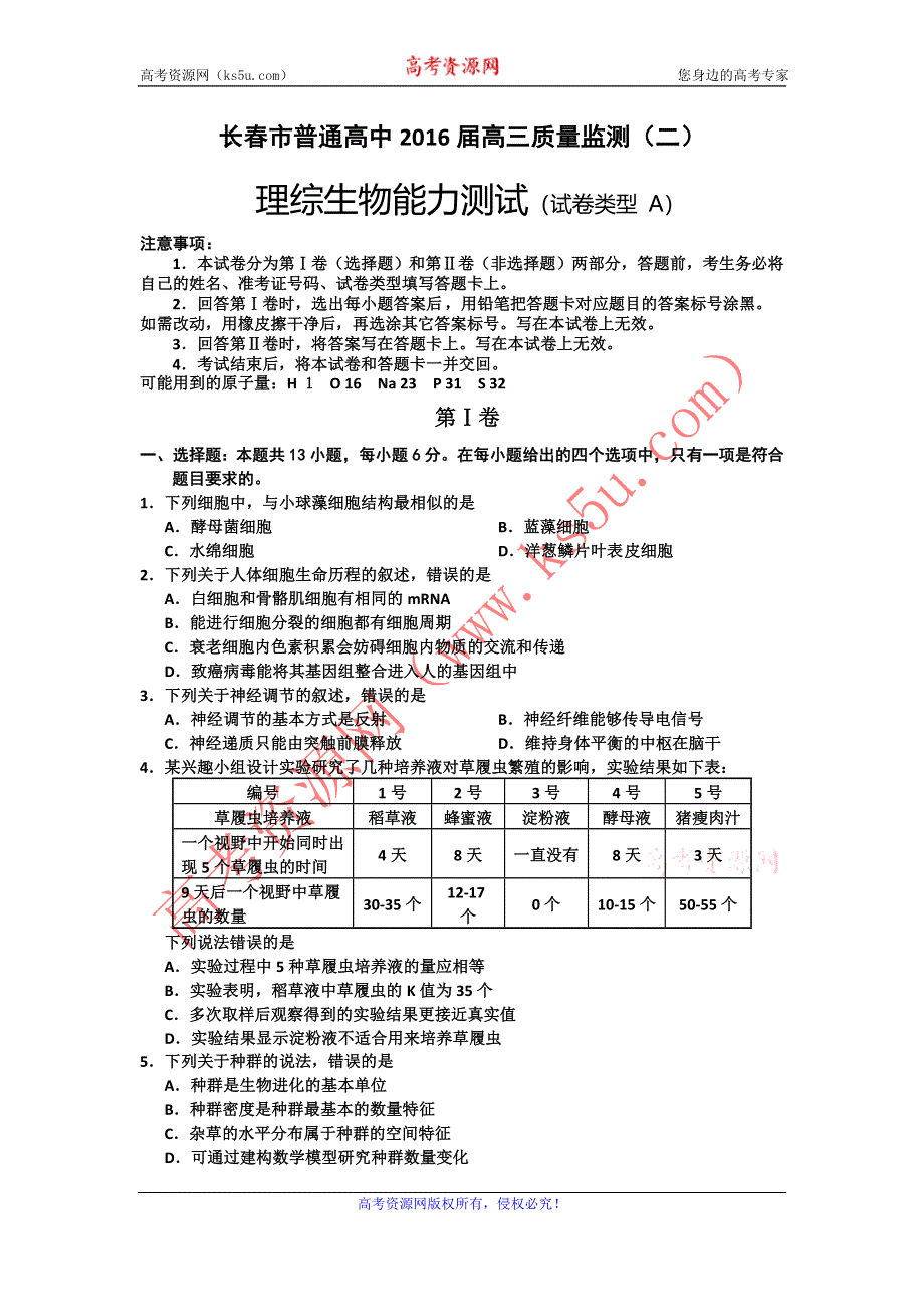 吉林省长春市普通高中2016届高三质量监测（二）生物试题（Ａ卷） WORD版含解析.doc_第1页