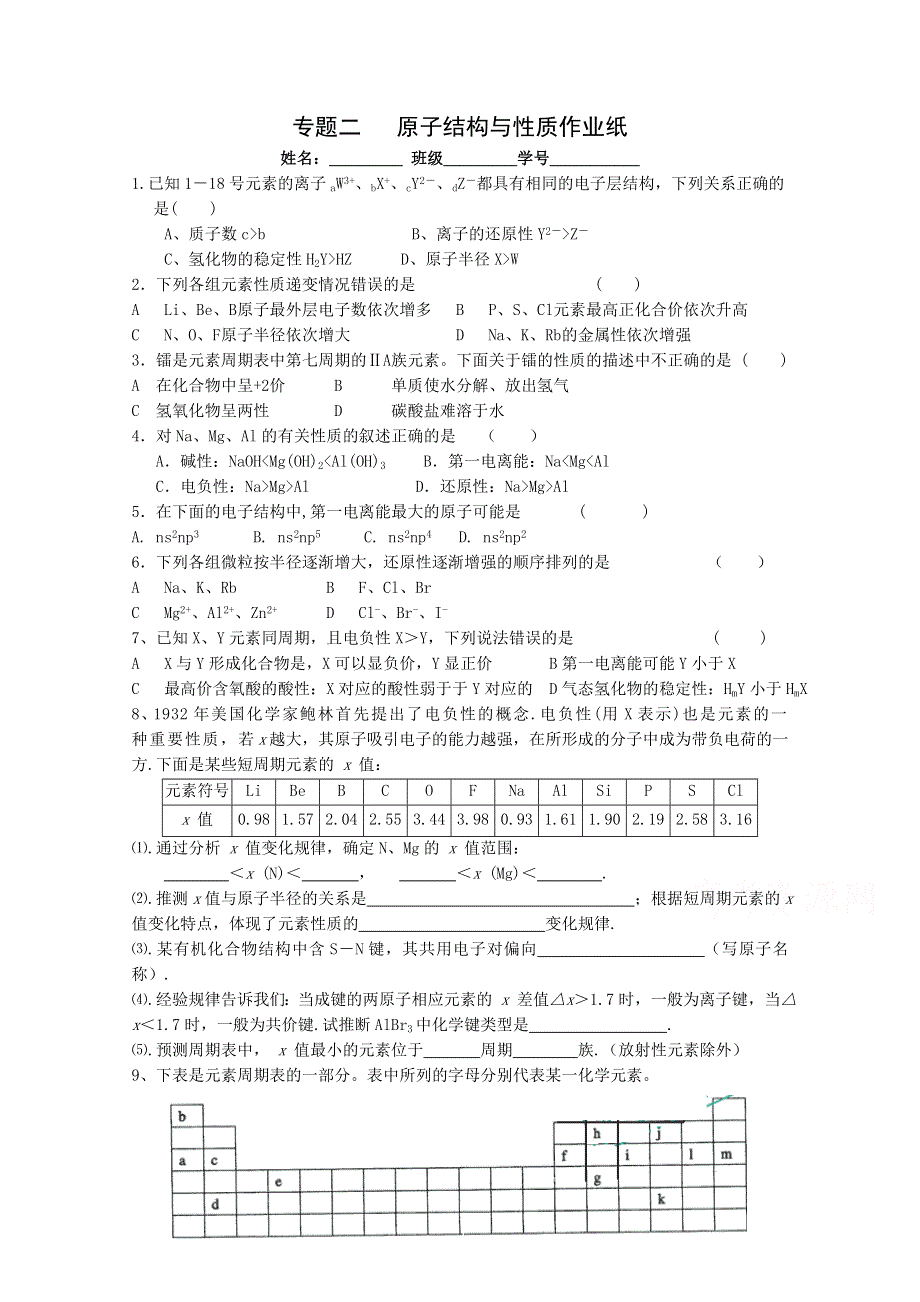 《复习参考》高三化学二轮复习活页作业：专题2 原子结构与性质（1）.doc_第1页