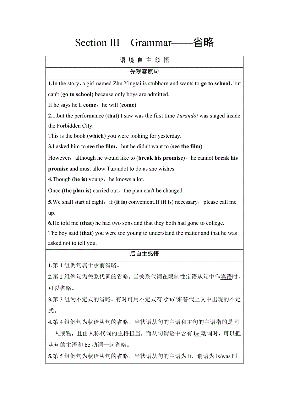 2019-2020同步译林英语选修八新突破讲义：UNIT 2 SECTION Ⅲ　GRAMMAR——省略 WORD版含答案.doc_第1页