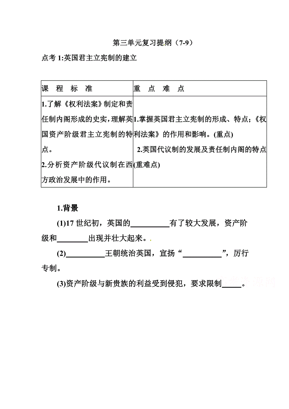 2016届高三历史一轮复习学案：人教版高中历史必修一第三单元：近代西方资本主义政治制度的确立和发展.doc_第1页