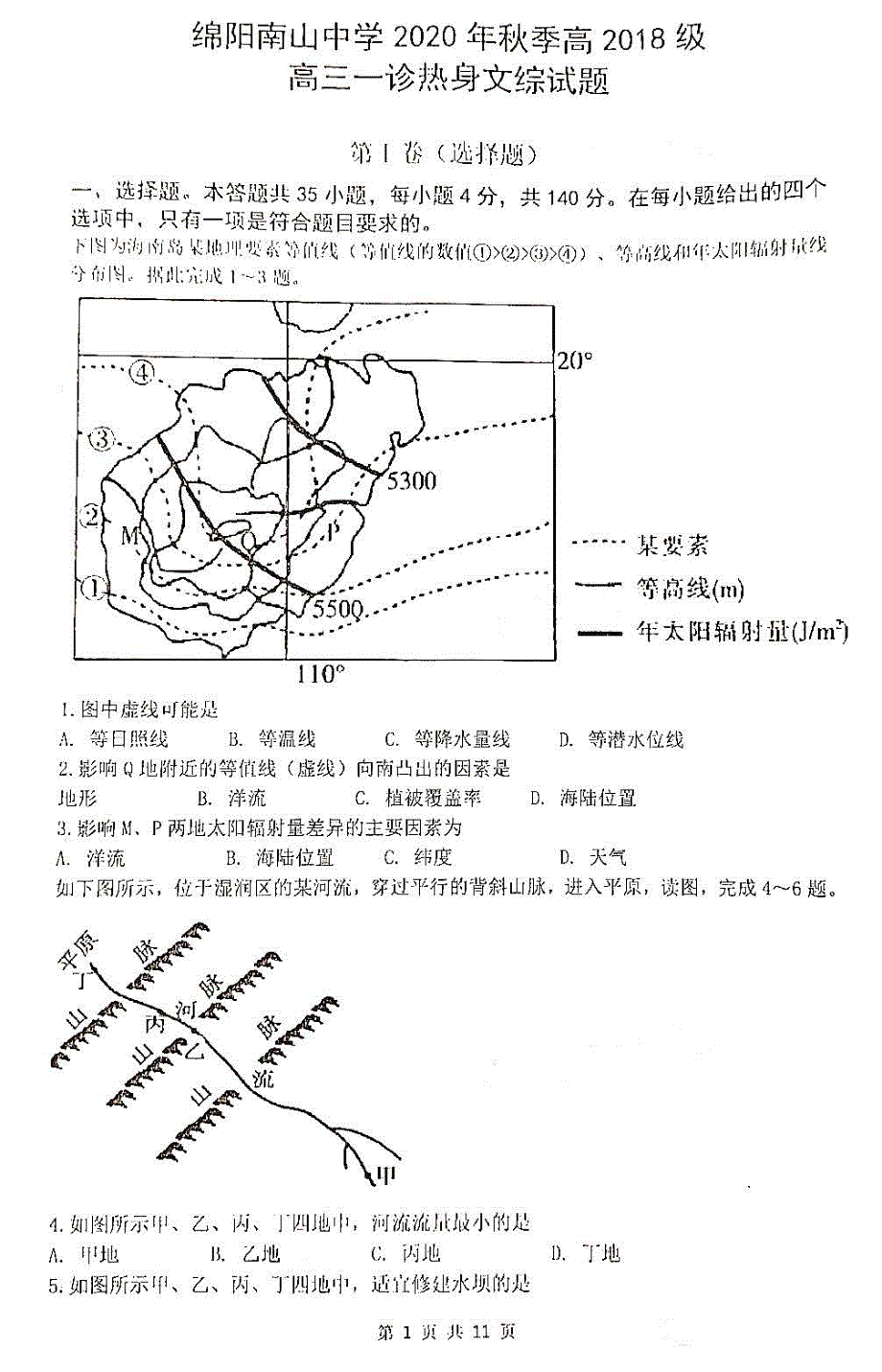 四川省绵阳南山中学实验学校2021届高三第一次诊断热身考试文综试卷 扫描版含答案.pdf_第1页