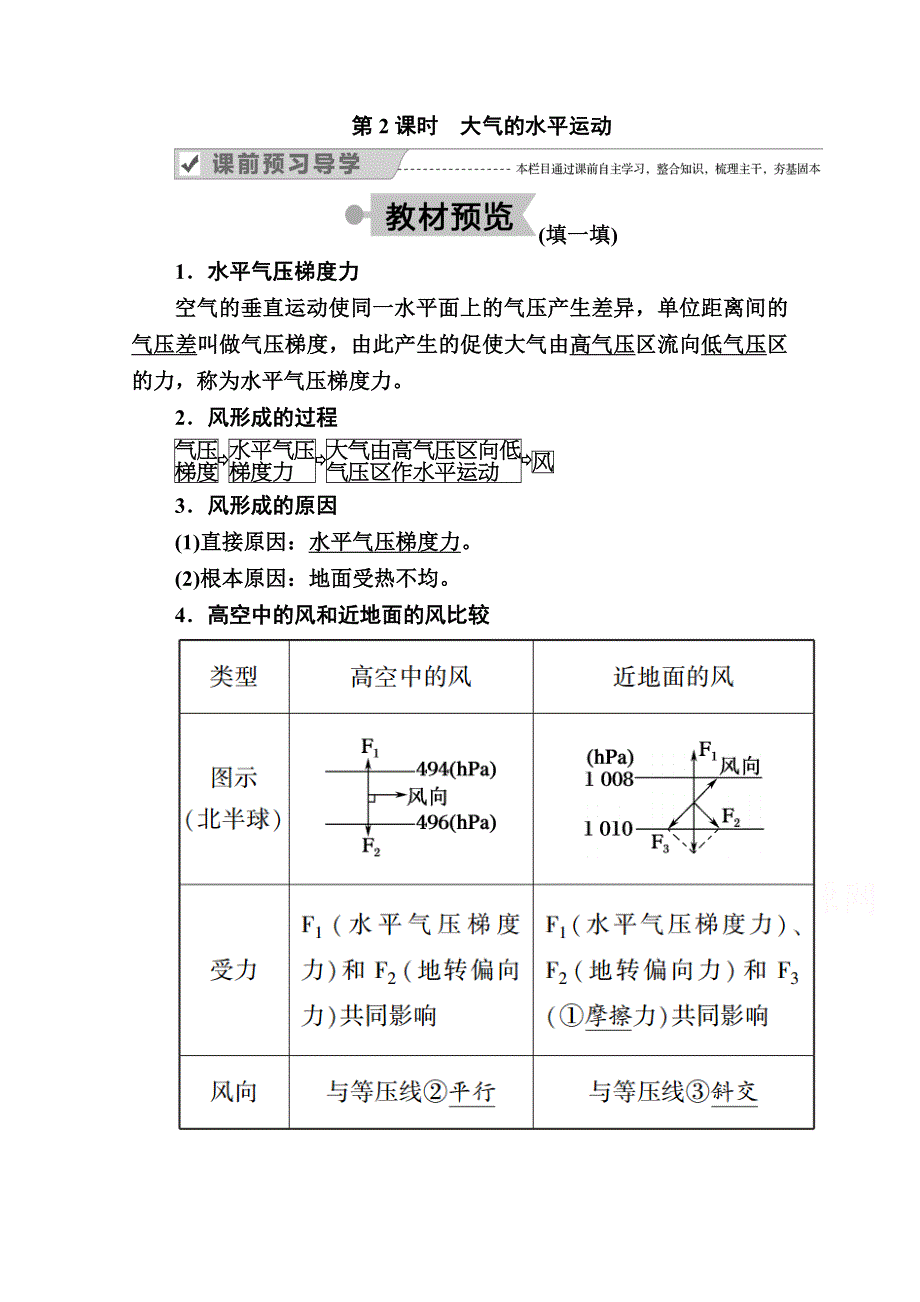 2020秋高一地理人教版必修1学案：第二章 第一节 第2课时　大气的水平运动 WORD版含解析.doc_第1页