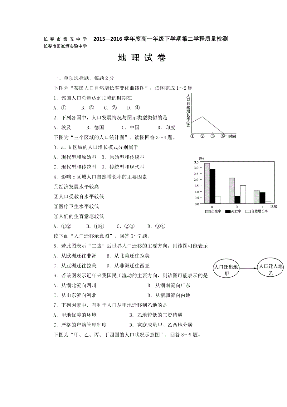 吉林省长春市田家炳实验中学2015-2016学年高一下学期期中质量检测地理试题 WORD版含答案.doc_第1页