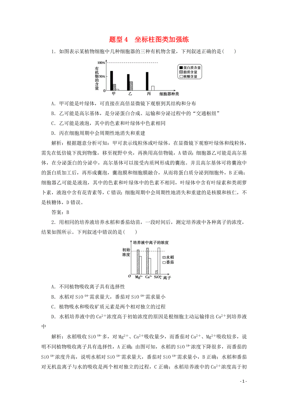 2021届高考生物二轮复习 题型4 坐标柱图类加强练（含解析）.doc_第1页