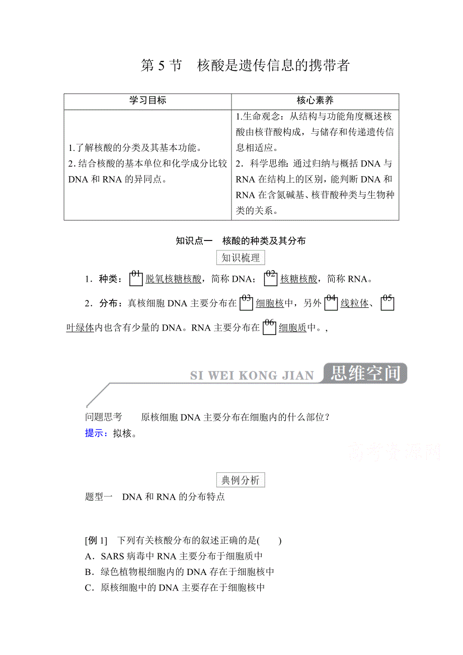 2020秋高一生物人教版必修1学案：第2章 第5节 核酸是遗传信息的携带者 WORD版含解析.doc_第1页