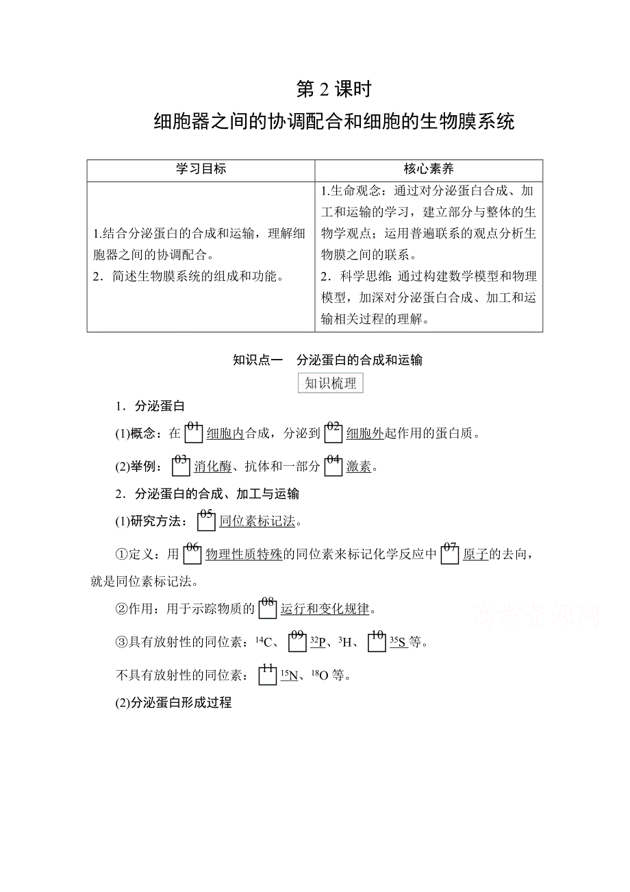 2020秋高一生物人教版必修1学案：第3章 第2节 第2课时 细胞器之间的协调配合和细胞的生物膜系统 WORD版含解析.doc_第1页