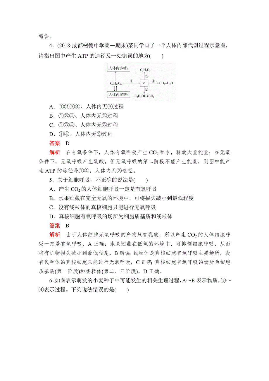 2020秋高一生物人教版必修1 第5章 第3节 第2课时 无氧呼吸及细胞呼吸原理的应用 课时作业 WORD版含解析.doc_第2页