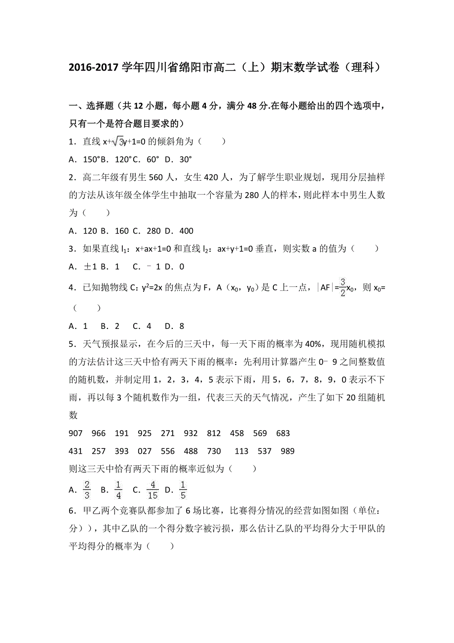 四川省绵阳市2016-2017学年高二上学期期末数学试卷（理科） WORD版含解析.doc_第1页