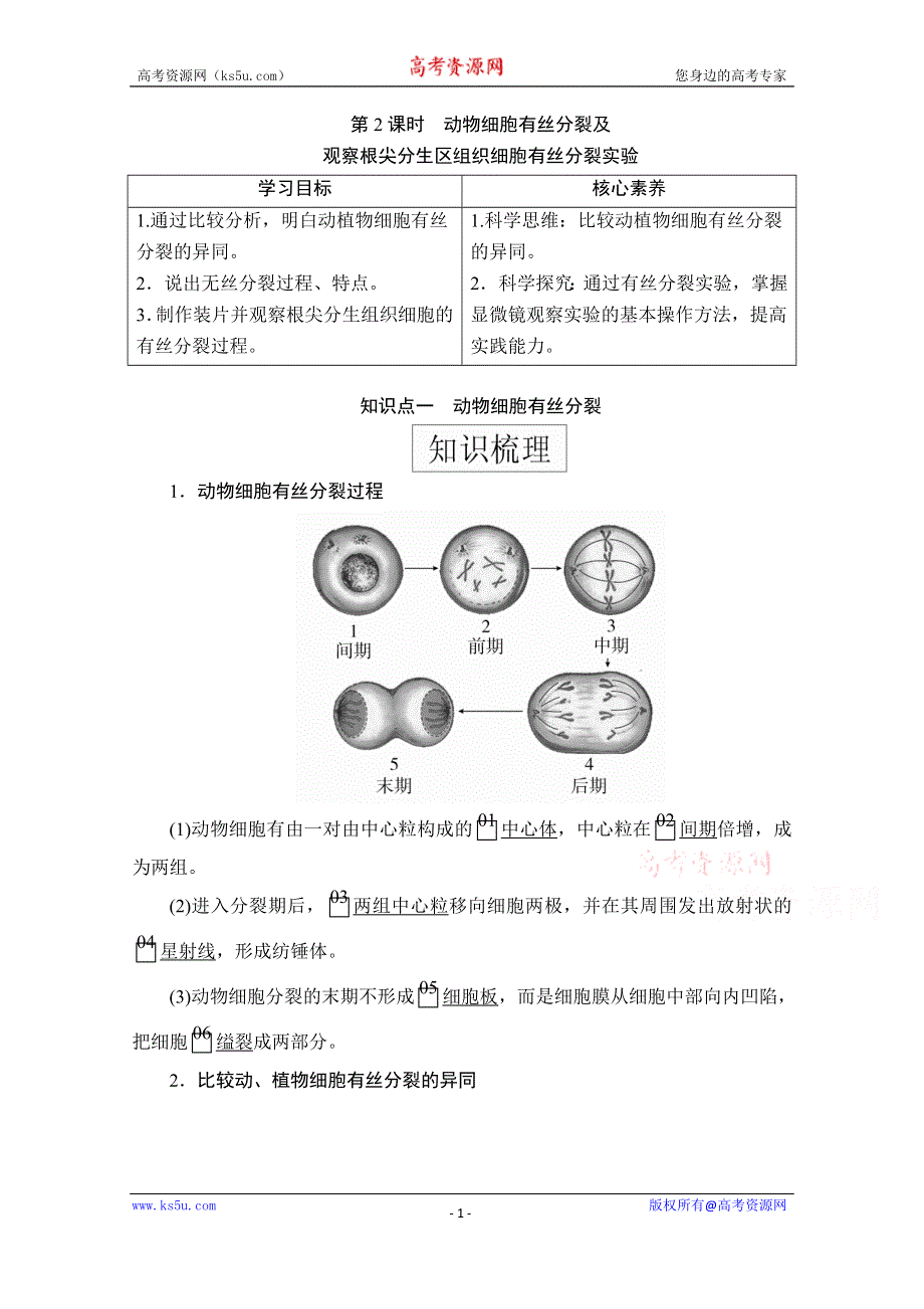 2020秋高一生物人教版必修1学案：第6章 第1节 第2课时 动物细胞有丝分裂及观察根尖分生区组织细胞有丝分裂实验 WORD版含解析.doc_第1页