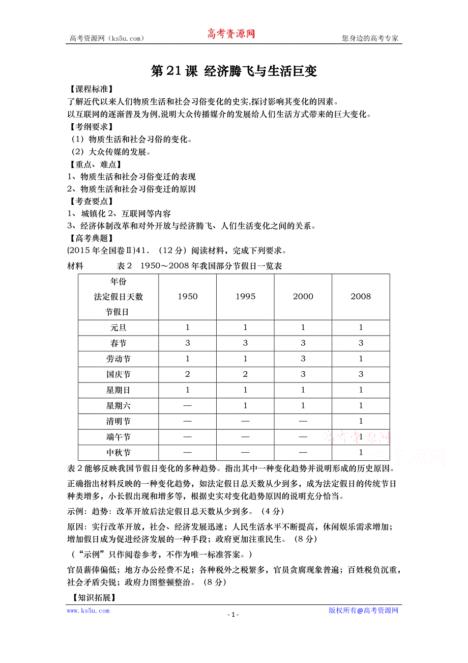 山东省武城县第二中学2016届高三历史一轮复习（岳麓版）必修二教案：第21课 经济腾飞与生活巨变.doc_第1页