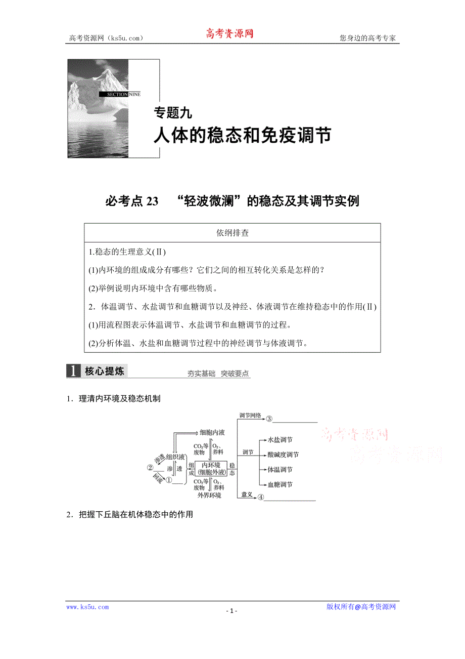 2016届生物通用大二轮复习（B）测试：专题九 必考点23“轻波微澜”的稳态及其调节实例 WORD版含解析.doc_第1页