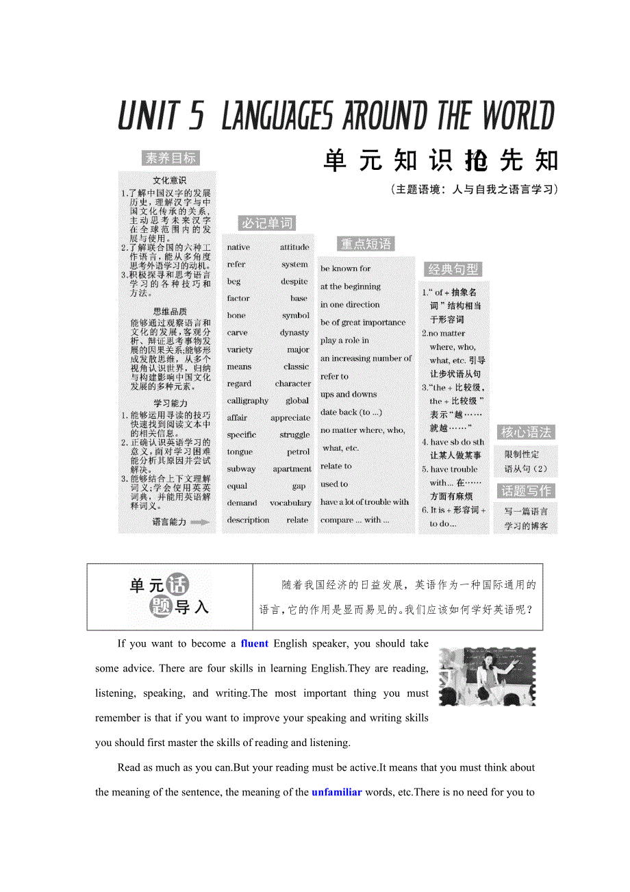 新教材2021-2022学年人教版英语必修第一册学案：UNIT 5 LANGUAGES AROUND THE WORLD SECTION Ⅰ LISTENING AND SPEAKING WORD版含答案.doc_第1页