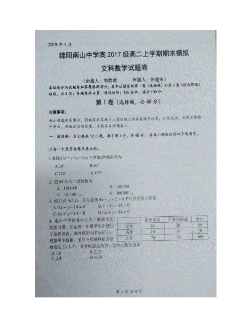 四川省绵阳南山中学2018-2019学年高二上学期期末模拟考试数学（文）试题 扫描版含答案.doc_第1页