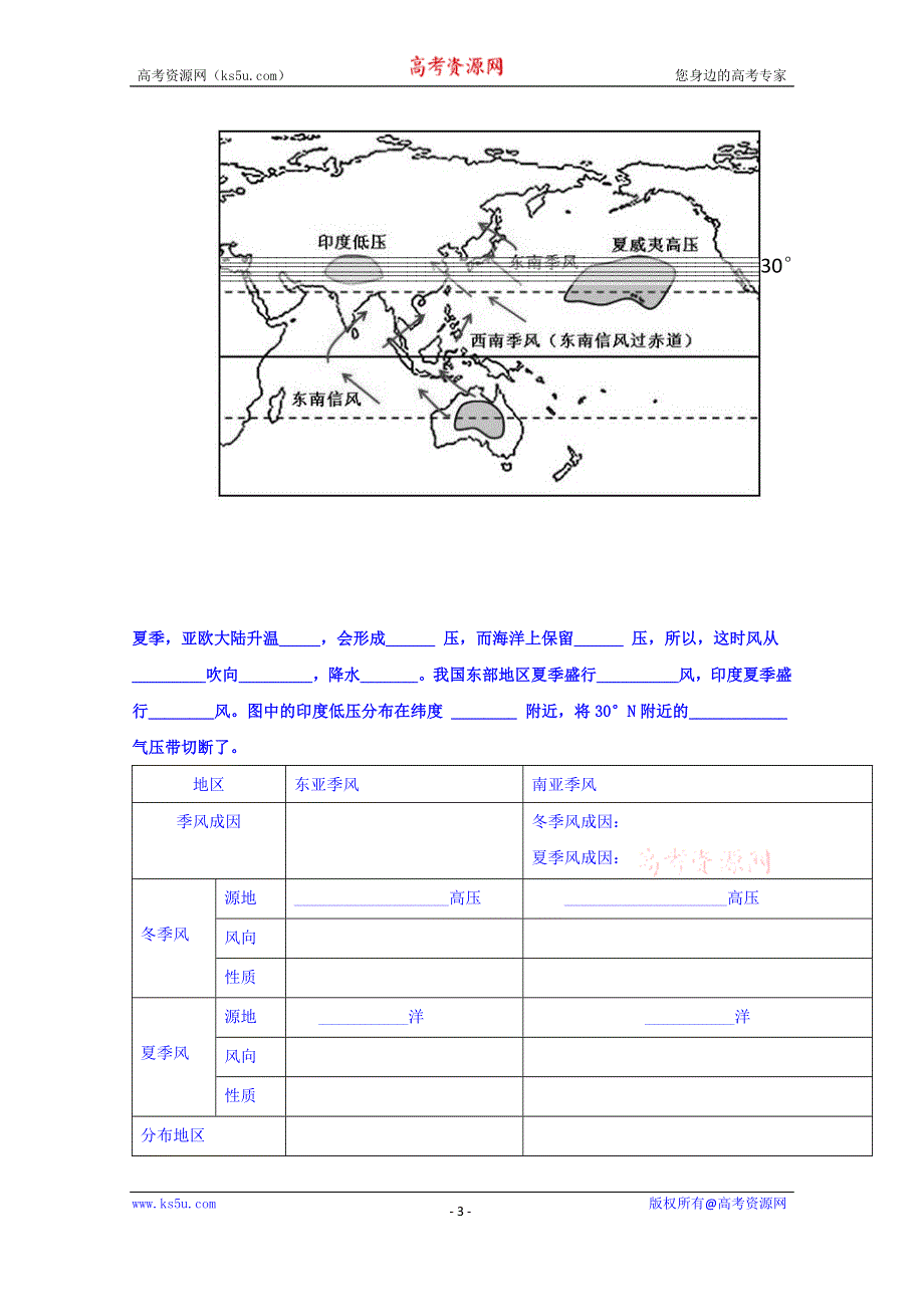 广东省广州市培才高级中学高一地理人教版必修1导学案 第2章第2节《“气压带和风带”》（第2课时） .doc_第3页