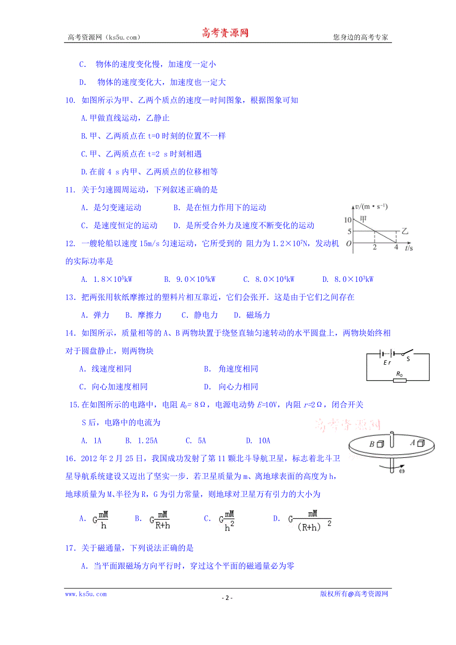 吉林省长春市第五中学2015-2016学年高二上学期学业测试物理试题 WORD版无答案.doc_第2页