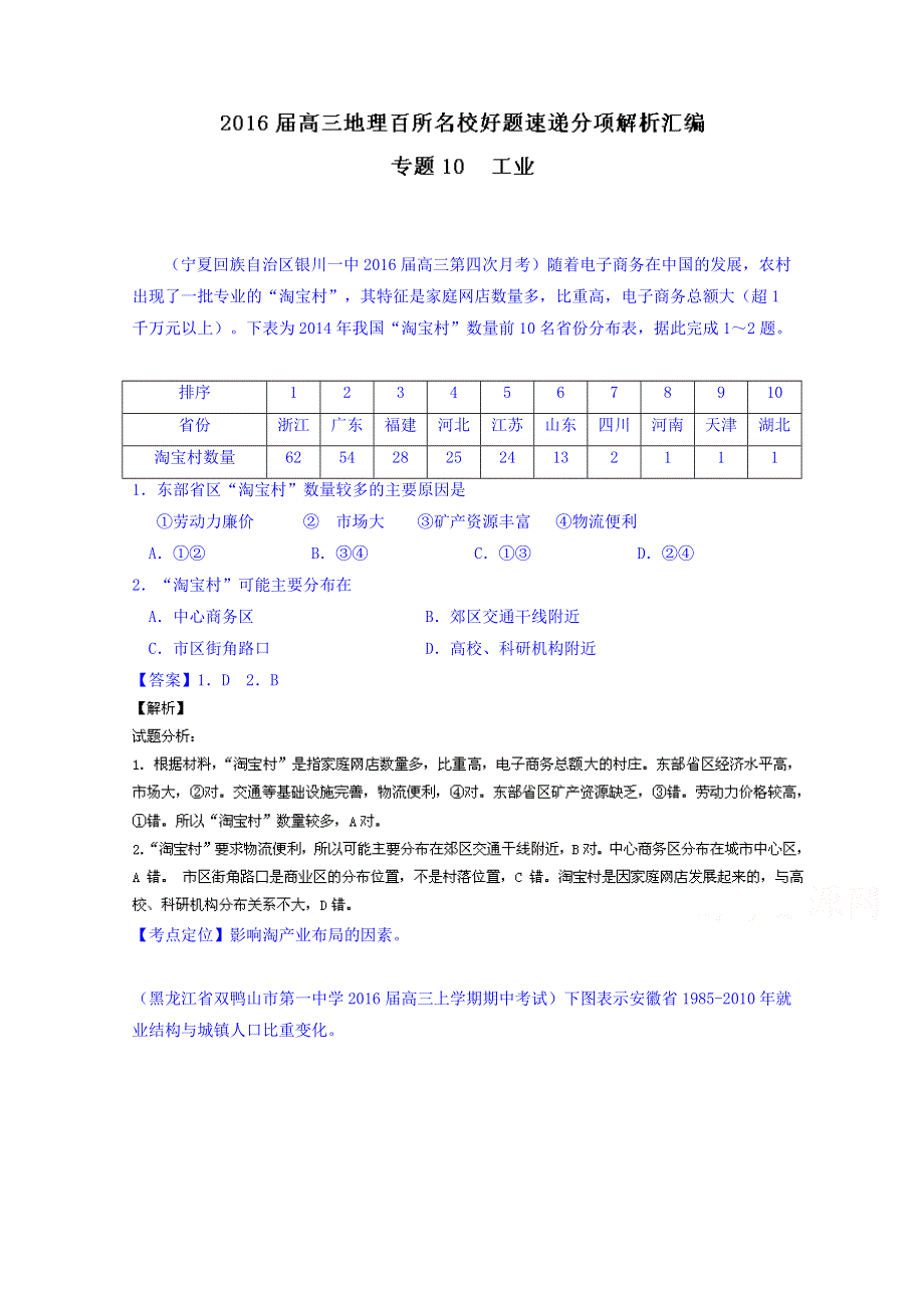 2016届高三地理百所名校好题速递分项解析汇编 专题10 工业（第02期） WORD版含解析.doc_第1页