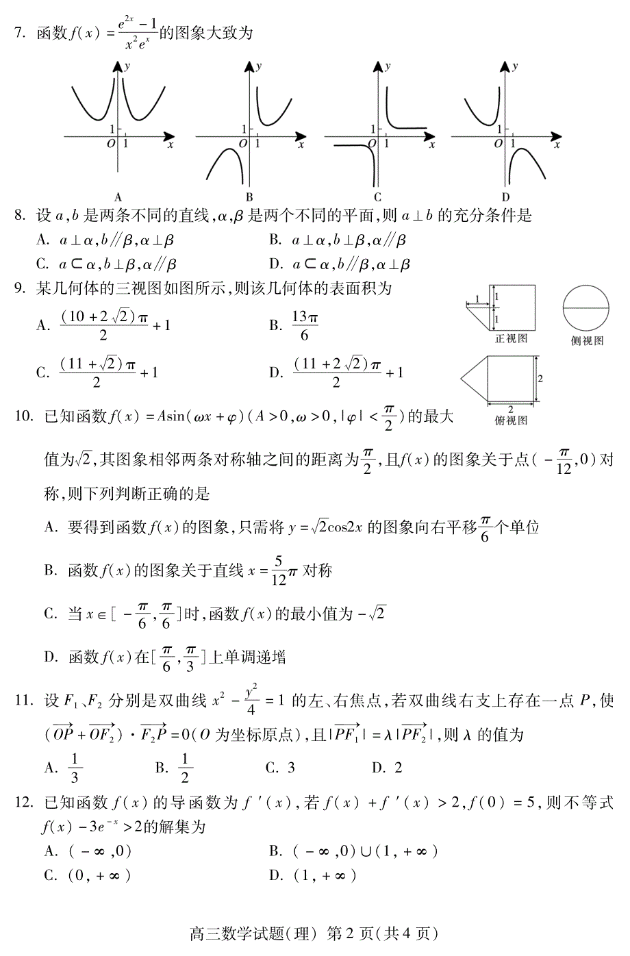 山东省泰安市2019届高三上学期期末考试数学（理）试题 PDF版含答案.pdf_第2页