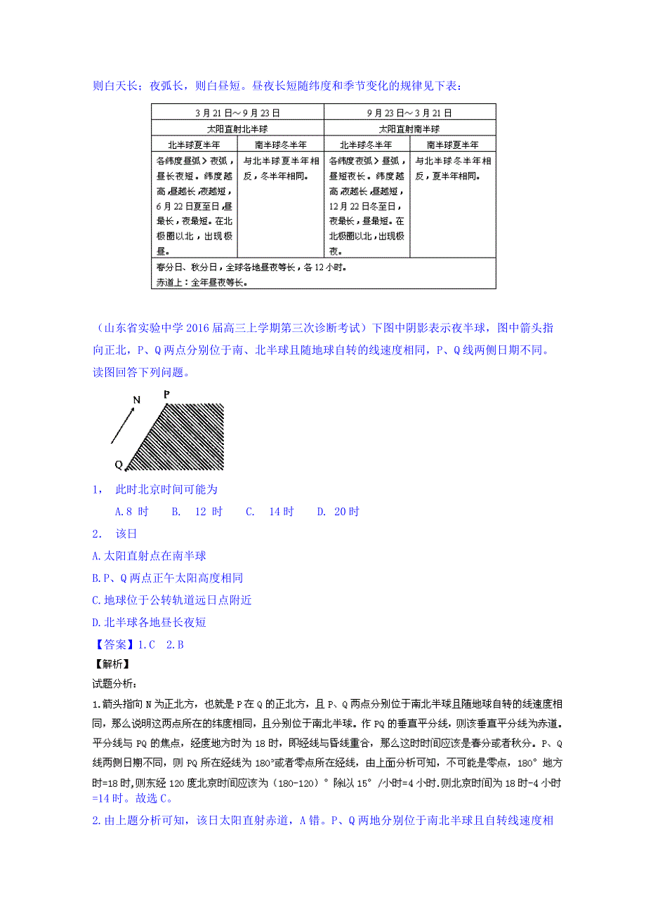 2016届高三地理百所名校好题速递分项解析汇编 专题02 地球运动（第03期） WORD版含解析.doc_第2页