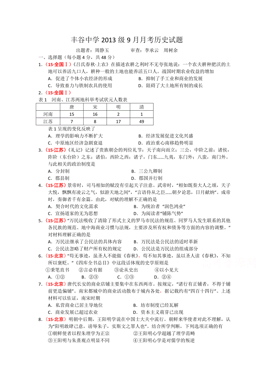 四川省绵阳市丰谷中学2016届高三上学期第一次月考历史试题 WORD版无答案.doc_第1页