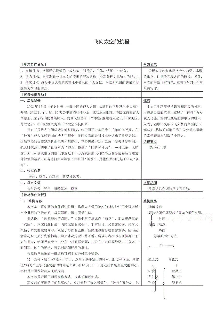 《精品》人教版必修一：《飞向太空的航程》教案 WORD版.docx_第1页