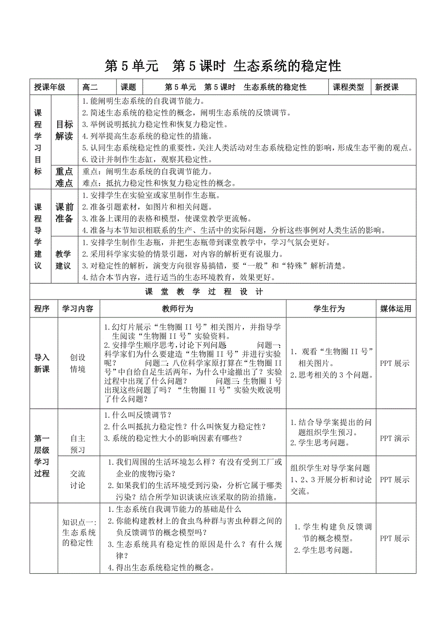 《多彩课堂》2015-2016学年高二人教版生物必修三教学实施方案：第5章 第5节 生态系统的稳定性 .doc_第1页