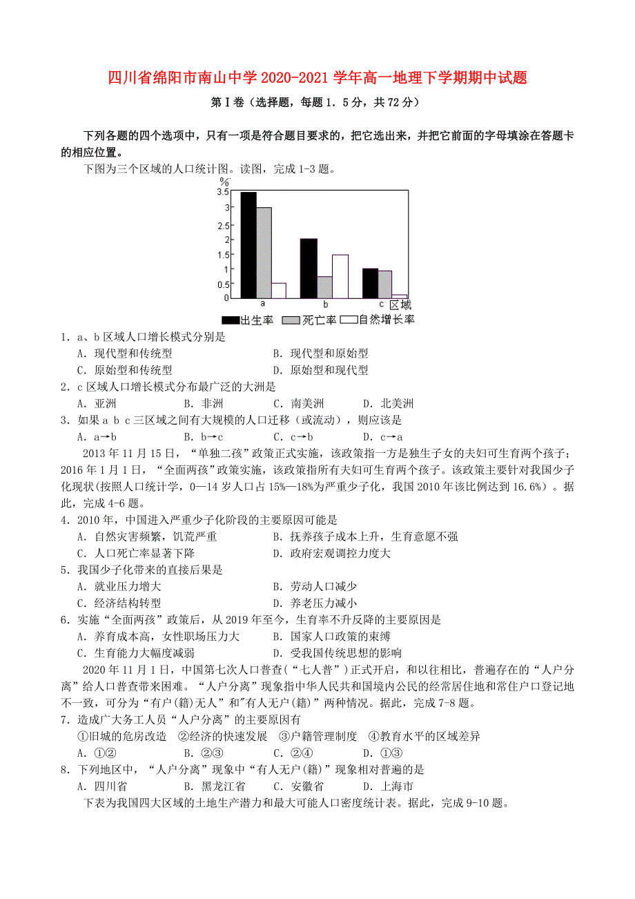 四川省绵阳市南山中学2020-2021学年高一地理下学期期中试题.doc_第1页