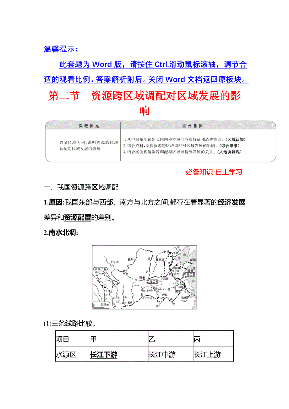 新教材2021-2022学年地理湘教版选择性必修第二册学案：第三章 第二节 资源跨区域调配对区域发展的影响 WORD版含答案.doc_第1页