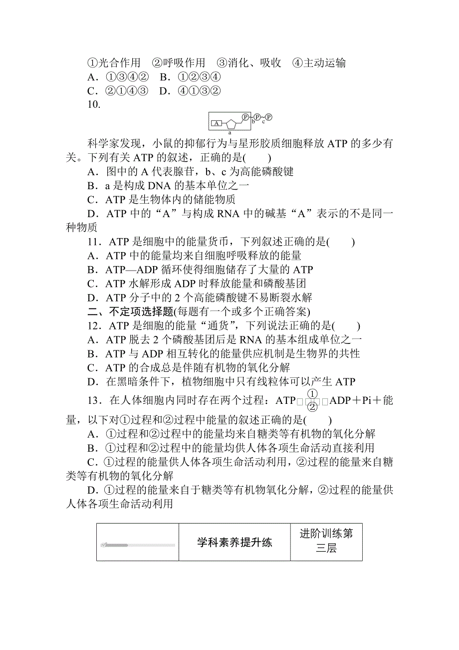 2020-2021学年新教材生物人教版必修第一册层级训练：5-2 细胞的能量“货币”ATP WORD版含解析.doc_第3页