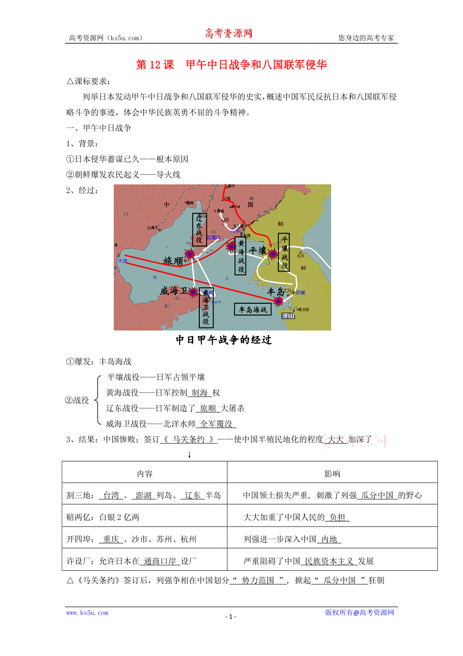 《精品原创》2012届高一历史学案：4.12《甲午中日战争和八国联军侵华》（新人教版必修1）.doc_第1页