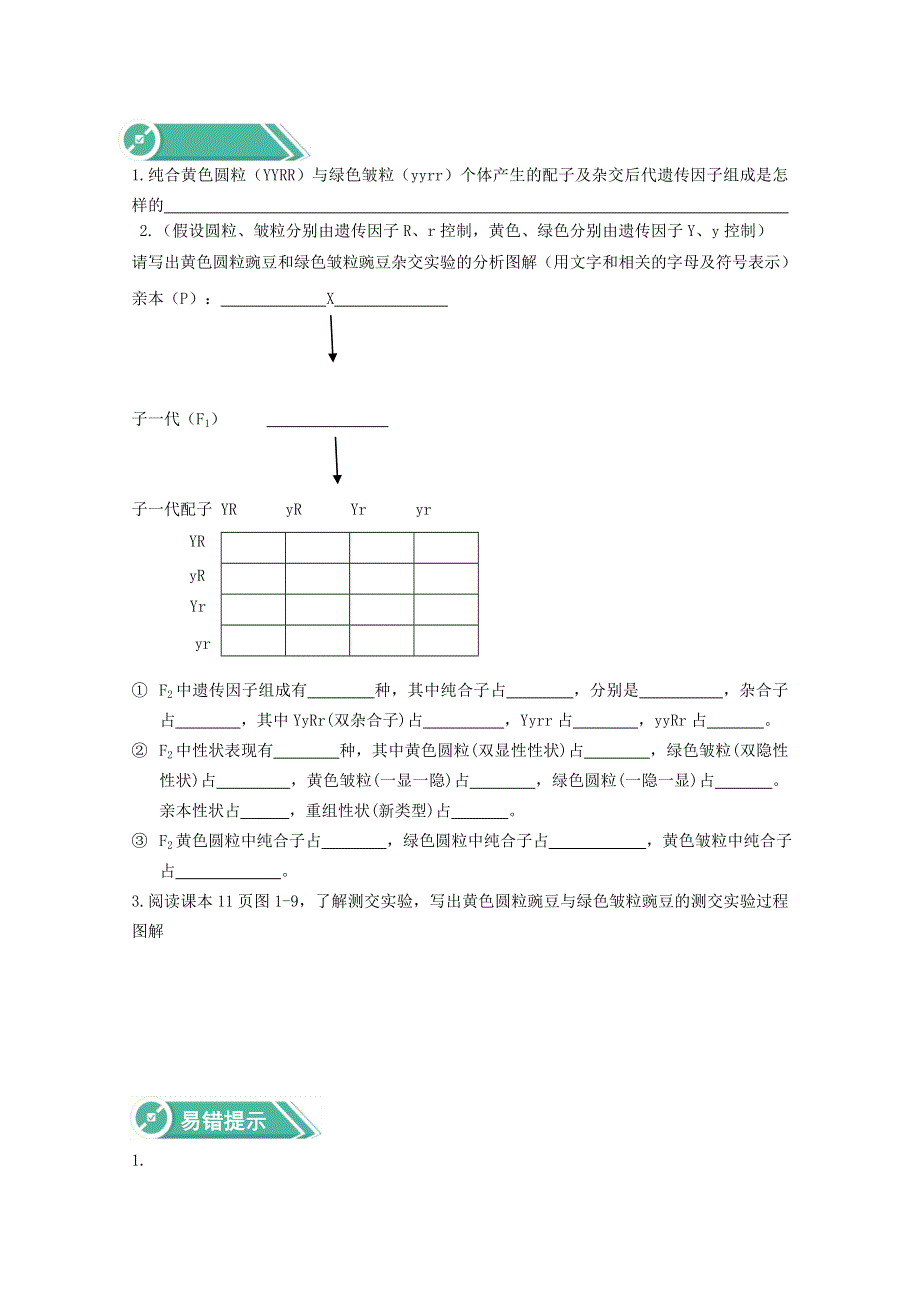 2020-2021学年新教材生物人教版必修第二册学案：第1章遗传因子的发现1-2孟德尔的豌豆杂交实验（二） WORD版含解析.doc_第2页