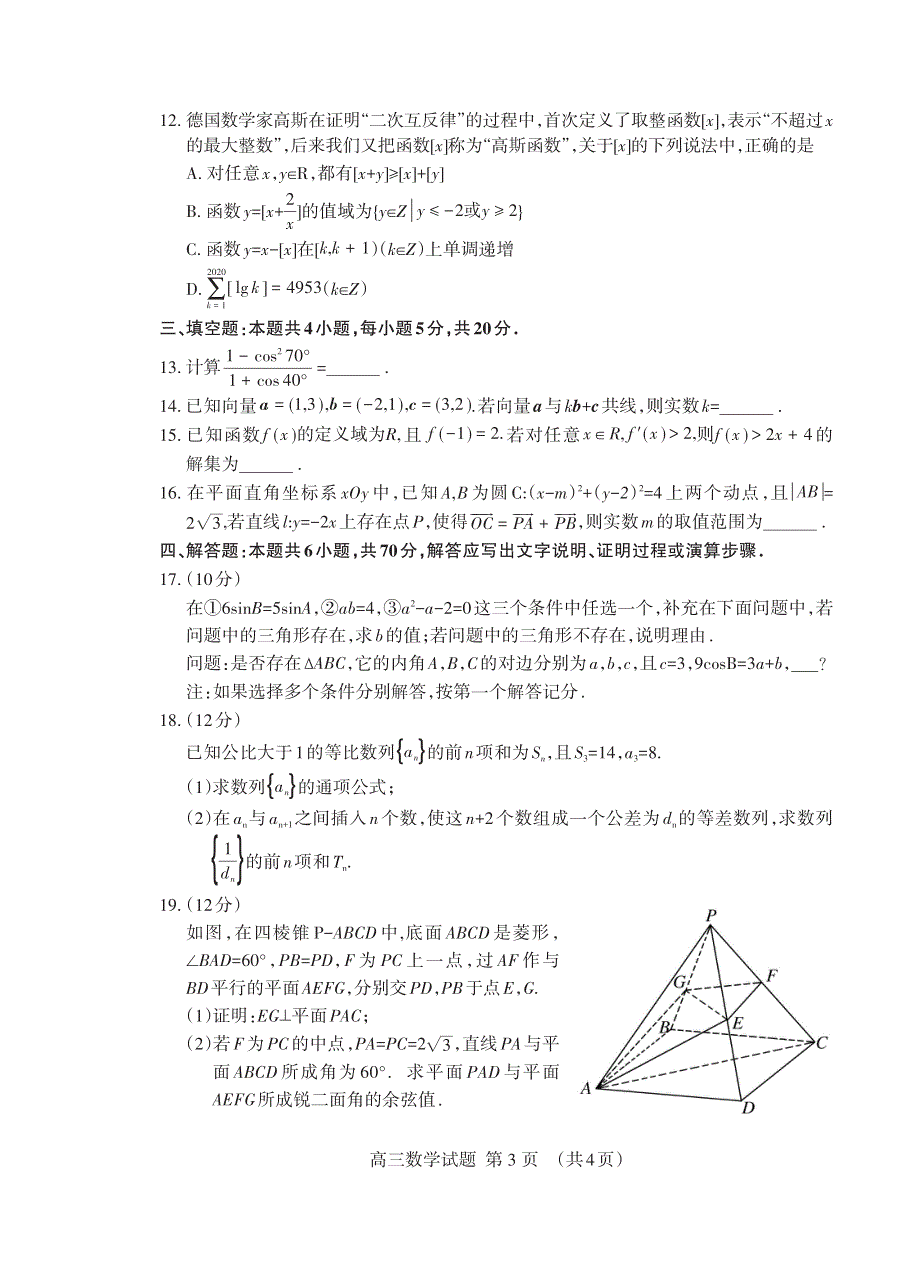 山东省泰安市2021届高三上学期期末考试数学试题（可编辑） PDF版含答案.pdf_第3页