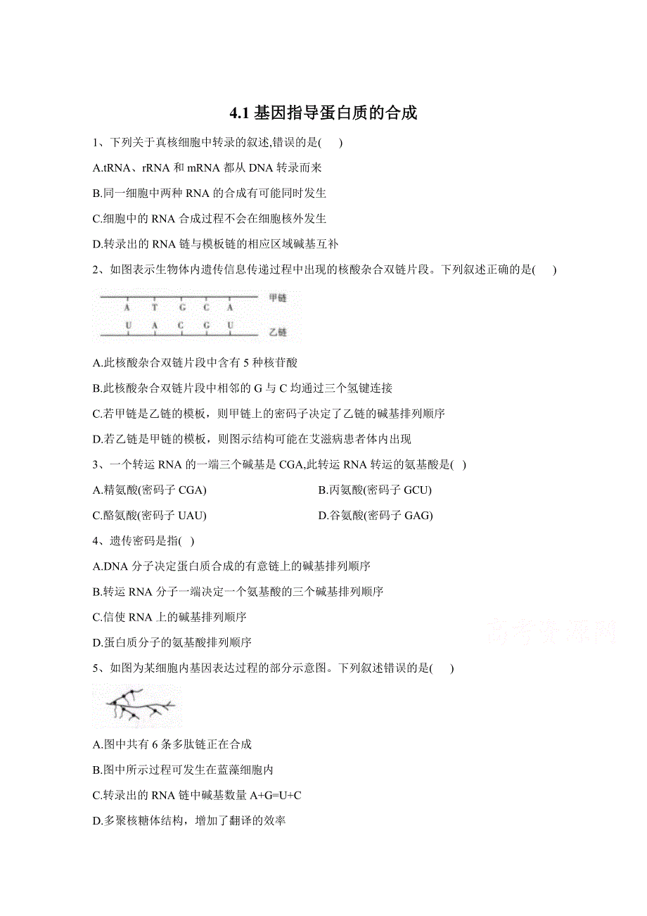 2020-2021学年新教材生物人教版必修第二册随堂练习：第4章4-1基因指导蛋白质的合成 WORD版含解析.doc_第1页