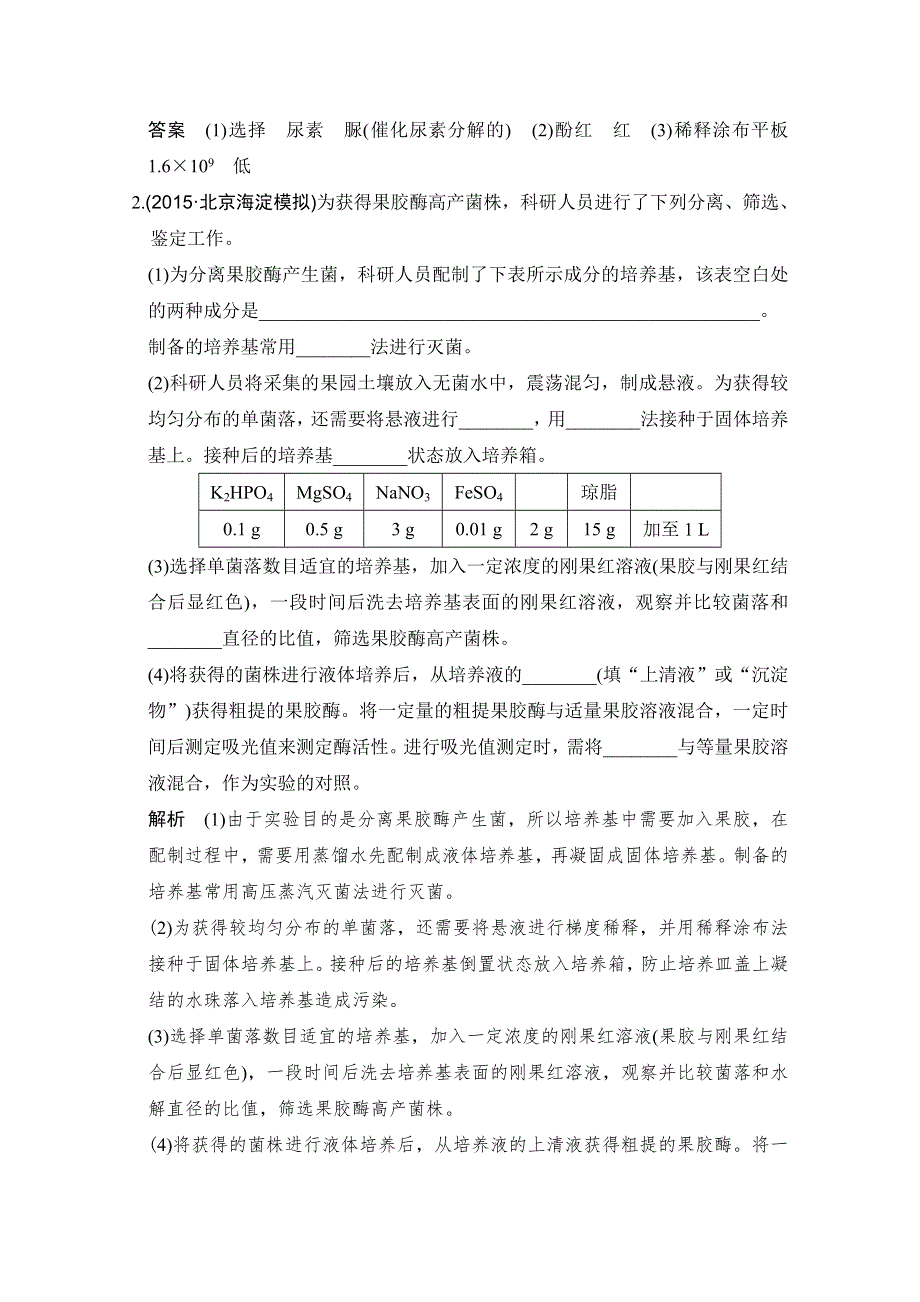 《大高考》2016高考生物（全国通用）二轮复习配套练习：三年模拟精选 专题二十二 微生物的利用 WORD版含答案.doc_第2页