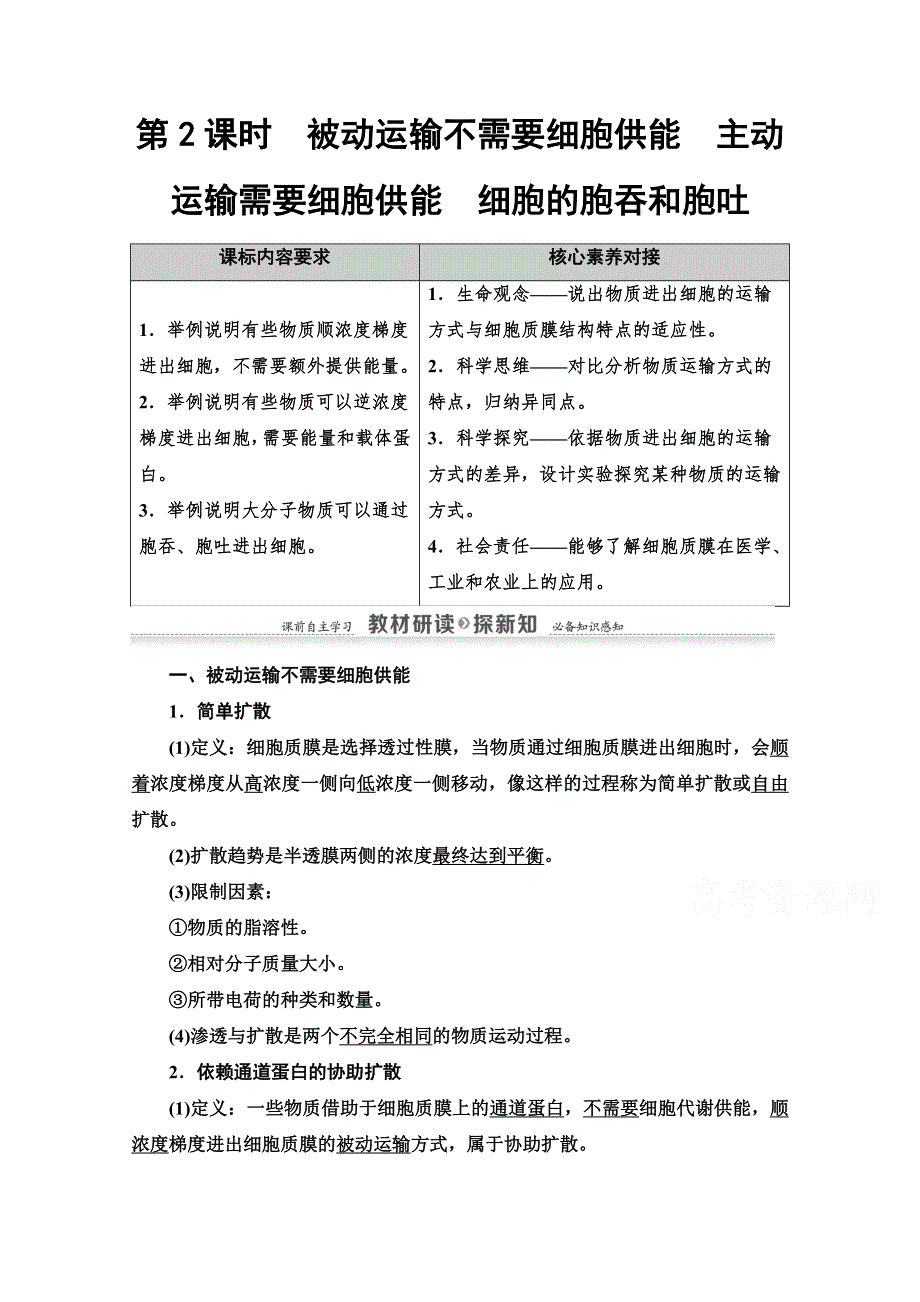 2020-2021学年新教材生物苏教版必修一教案：第2章 第3节　第2课时　被动运输不需要细胞供能　主动运输需要细胞供能　细胞的胞吞和胞吐 WORD版含解析.doc_第1页