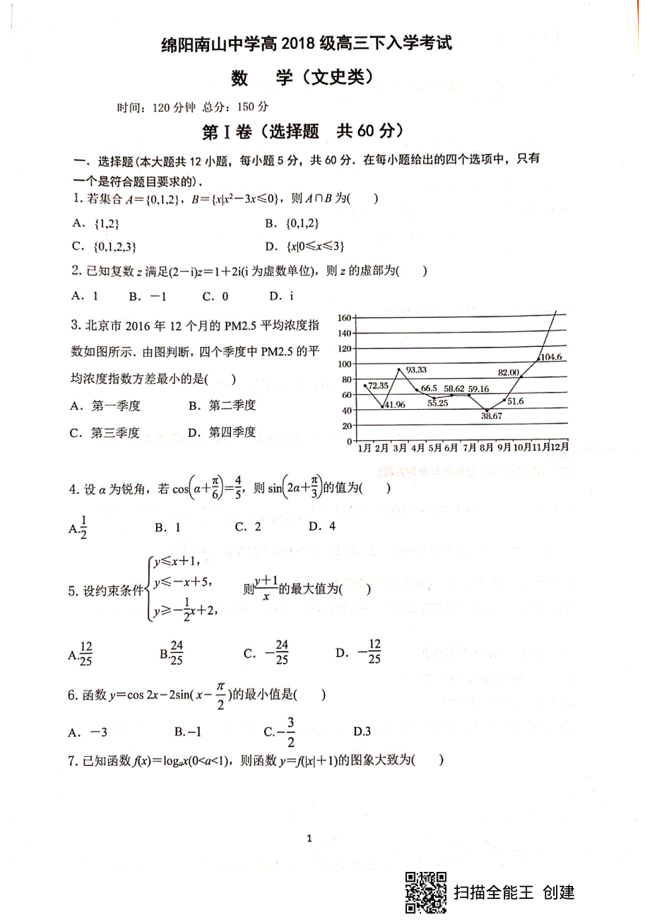 四川省绵阳市南山中学2021届高三数学下学期开学考试试题 文（PDF）.pdf_第1页