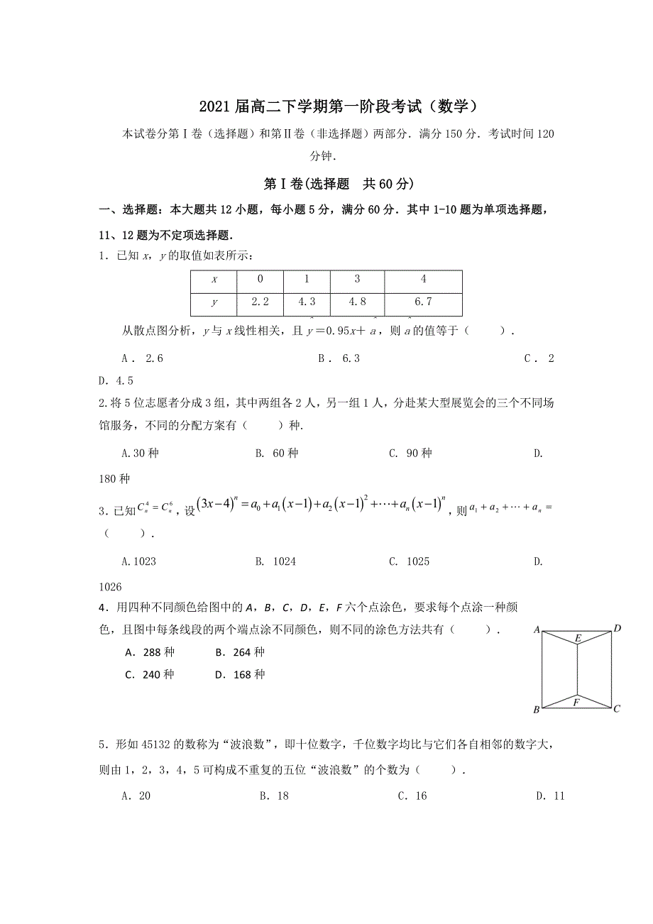 广东省广州市禺山高级中学2020-2021学年高二下学期第一阶段考试数学试题 WORD版含答案.doc_第1页