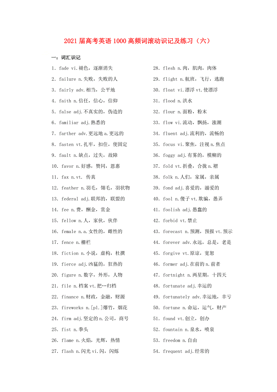 2021届高考英语 1000高频词滚动识记及练习（六）.doc_第1页