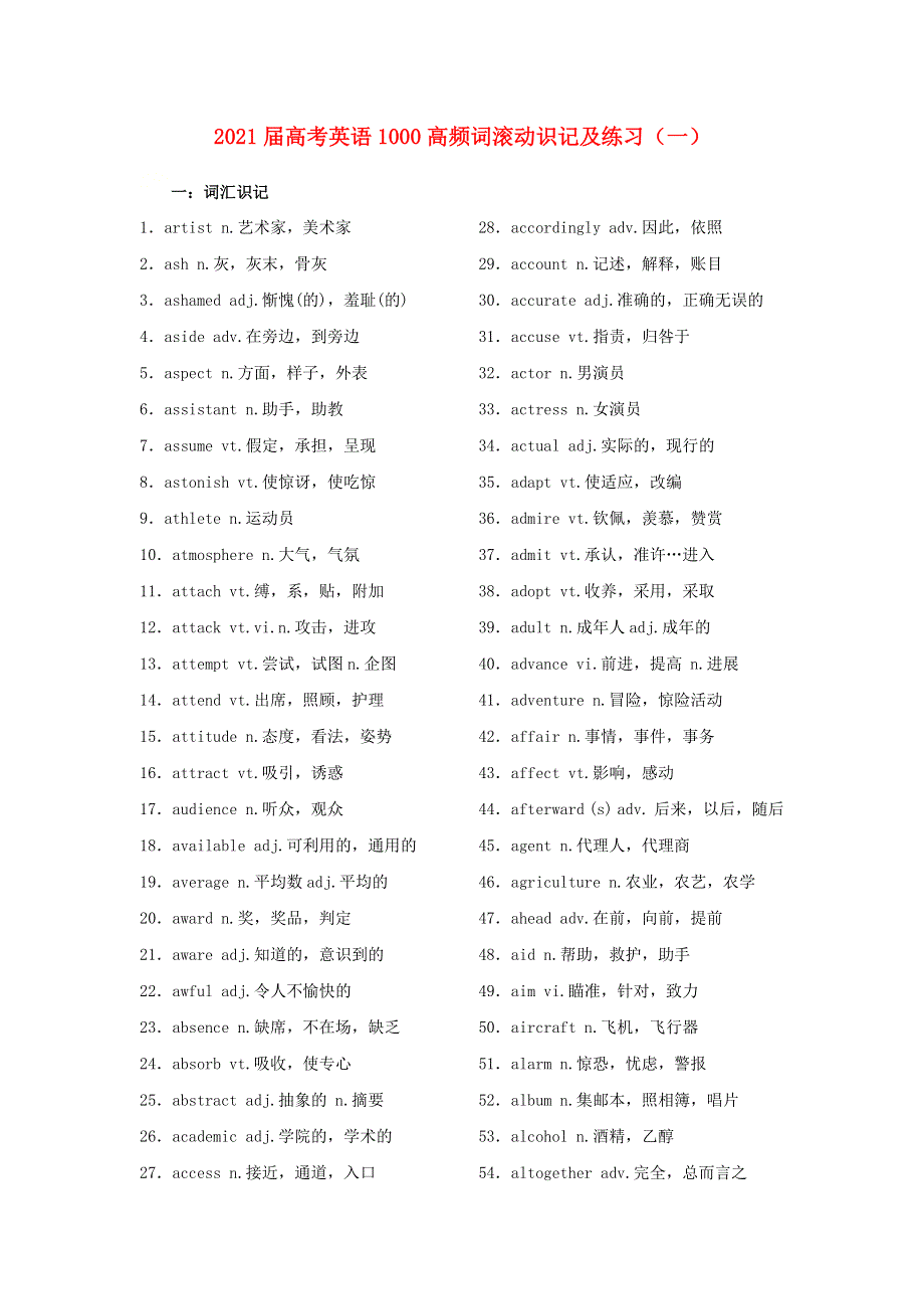 2021届高考英语 1000高频词滚动识记及练习（一）.doc_第1页