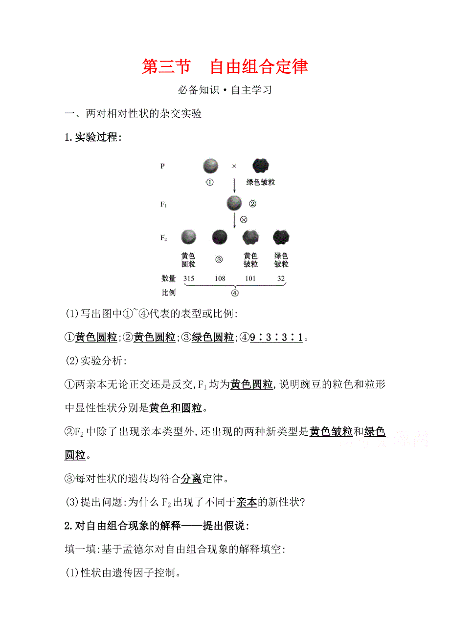 2020-2021学年新教材生物苏教版必修第二册学案：1-3自由组合定律 WORD版含解析.doc_第1页