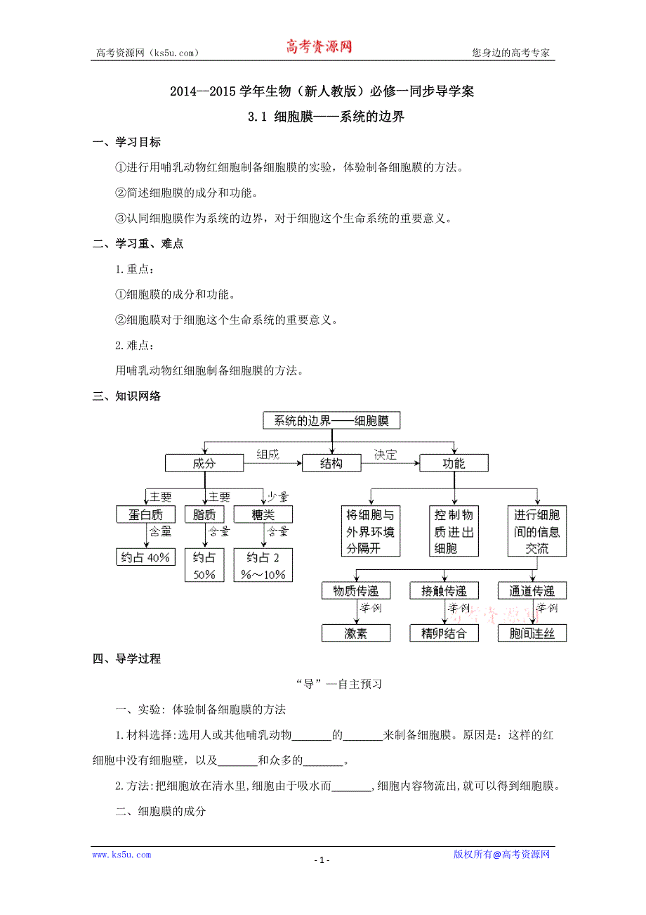 2014--2015学年生物（新人教版）必修一同步导学案3.1细胞膜——系统的边界 学案.doc_第1页