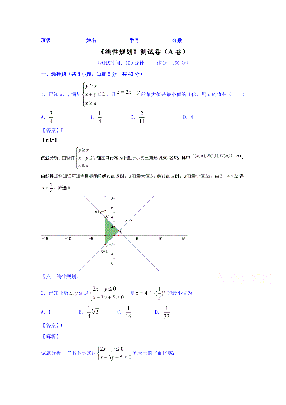 2016届高三数学（文）同步单元双基双测“AB”卷（浙江版）专题6.2 线性规划（A卷） WORD版含解析.doc_第1页