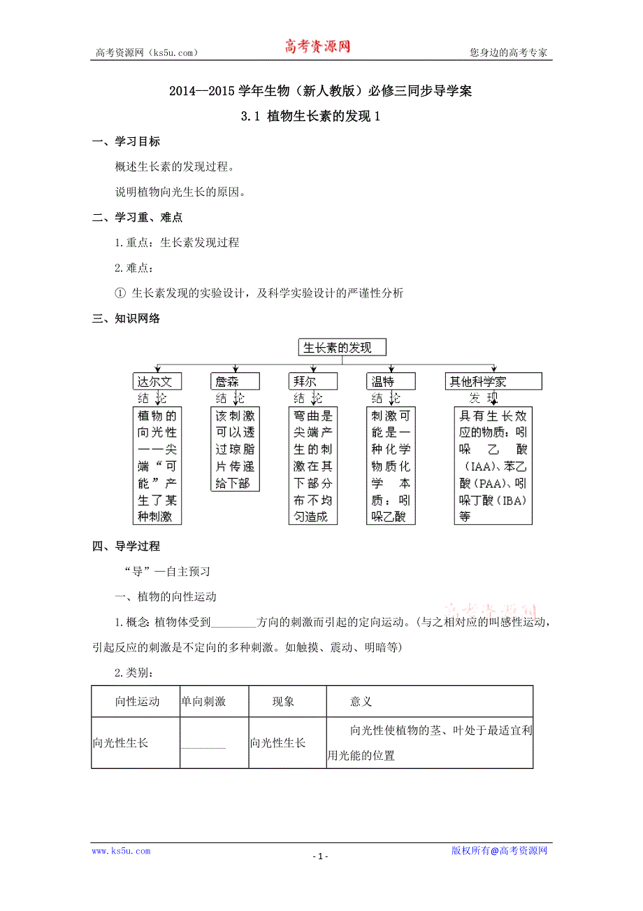 2014--2015学年生物（新人教版）必修三同步导学案植物生长素的发现1.doc_第1页