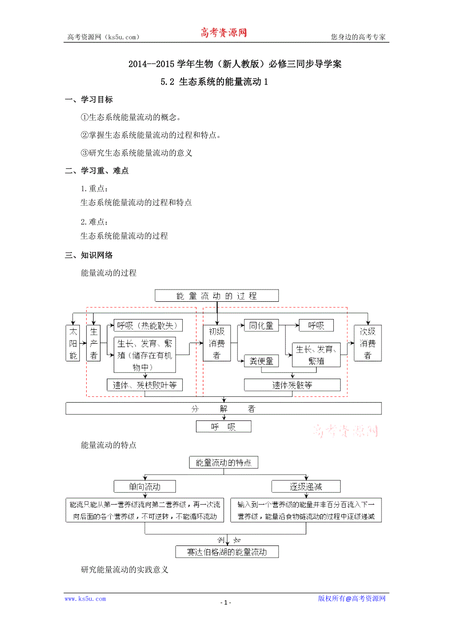 2014--2015学年生物（新人教版）必修三同步导学案5.2 生态系统的能量流动1.doc_第1页