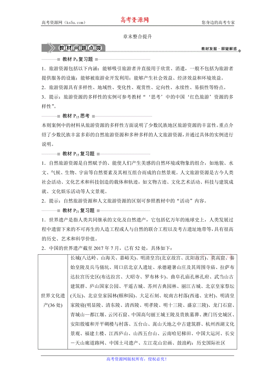 2019-2020学年中图版地理选修三新素养同步学案：第一章 旅游资源的类型与分布 章末整合提升 WORD版含答案.doc_第1页