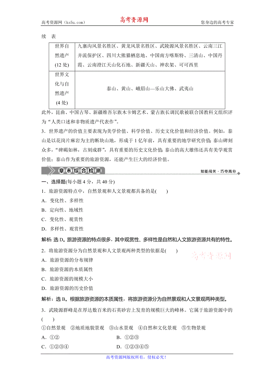 2019-2020学年中图版地理选修三新素养同步学案：第一章 旅游资源的类型与分布 章末整合提升 WORD版含答案.doc_第2页