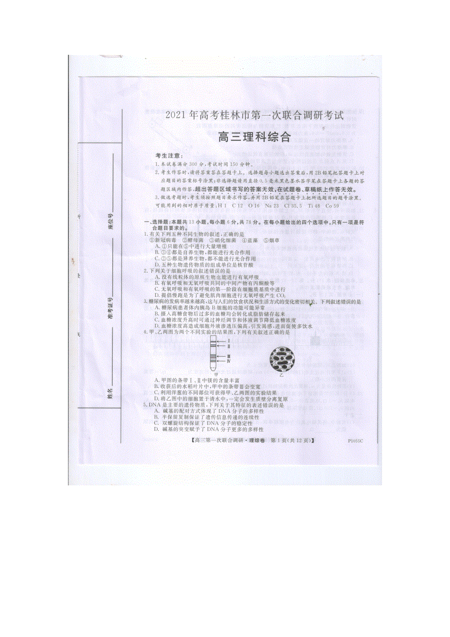 广西桂林市2021届高三理综上学期第一次联合调研考试试题（扫描版）.doc_第1页