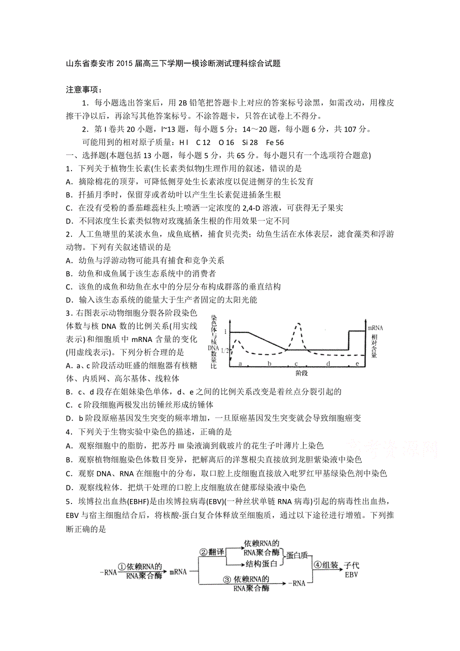 山东省泰安市2015届高三下学期一模诊断测试理科综合试题 WORD版含答案.doc_第1页