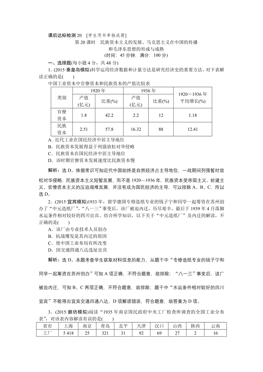 2016届高三历史（通史版）大一轮复习 模块二专题七第20课时民族资本主义的发展、马克思主义在中国的传播和毛泽东思想的形成与成熟 课后达标检测20 .doc_第1页